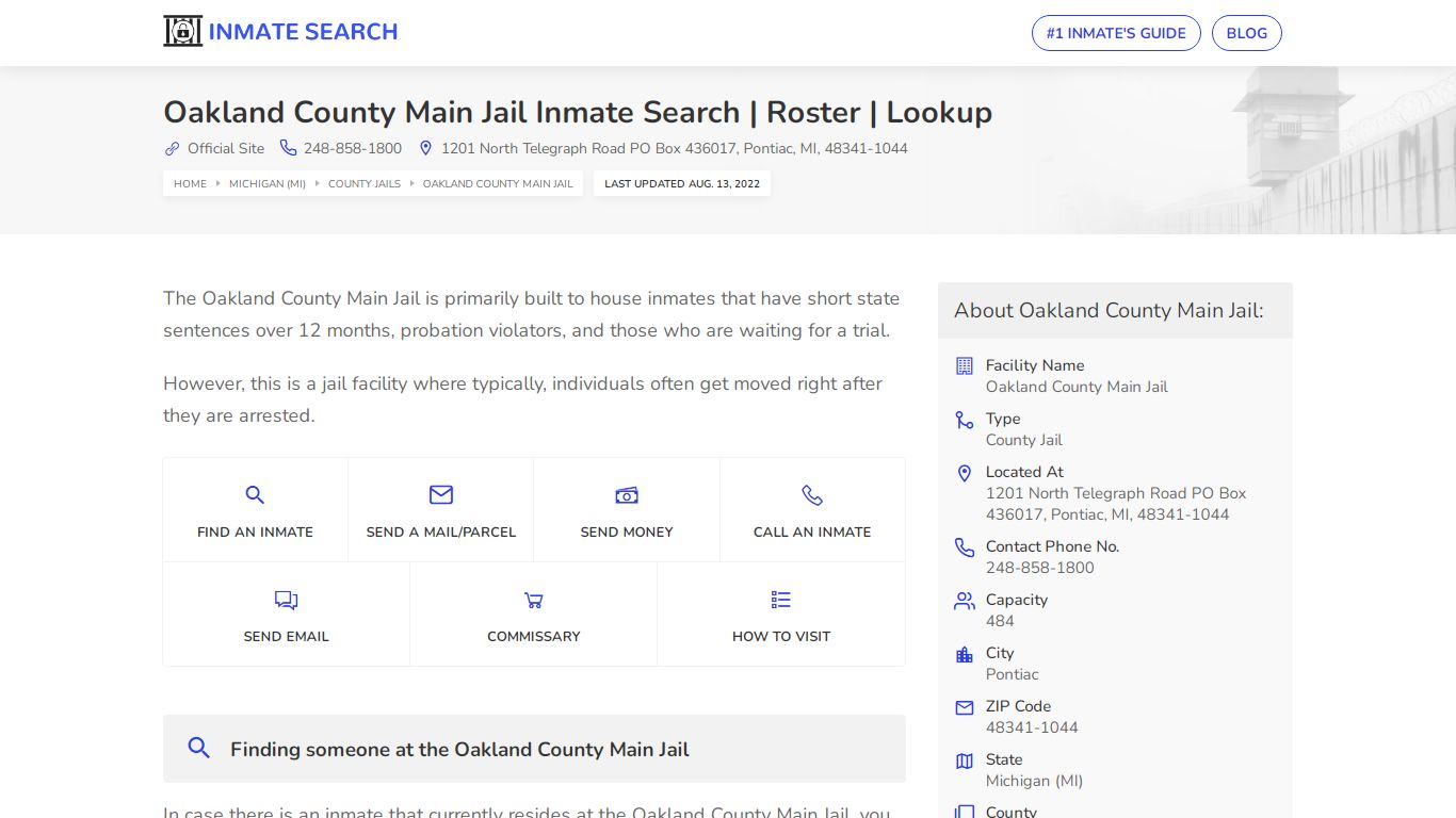 Oakland County Main Jail Inmate Search | Roster | Lookup